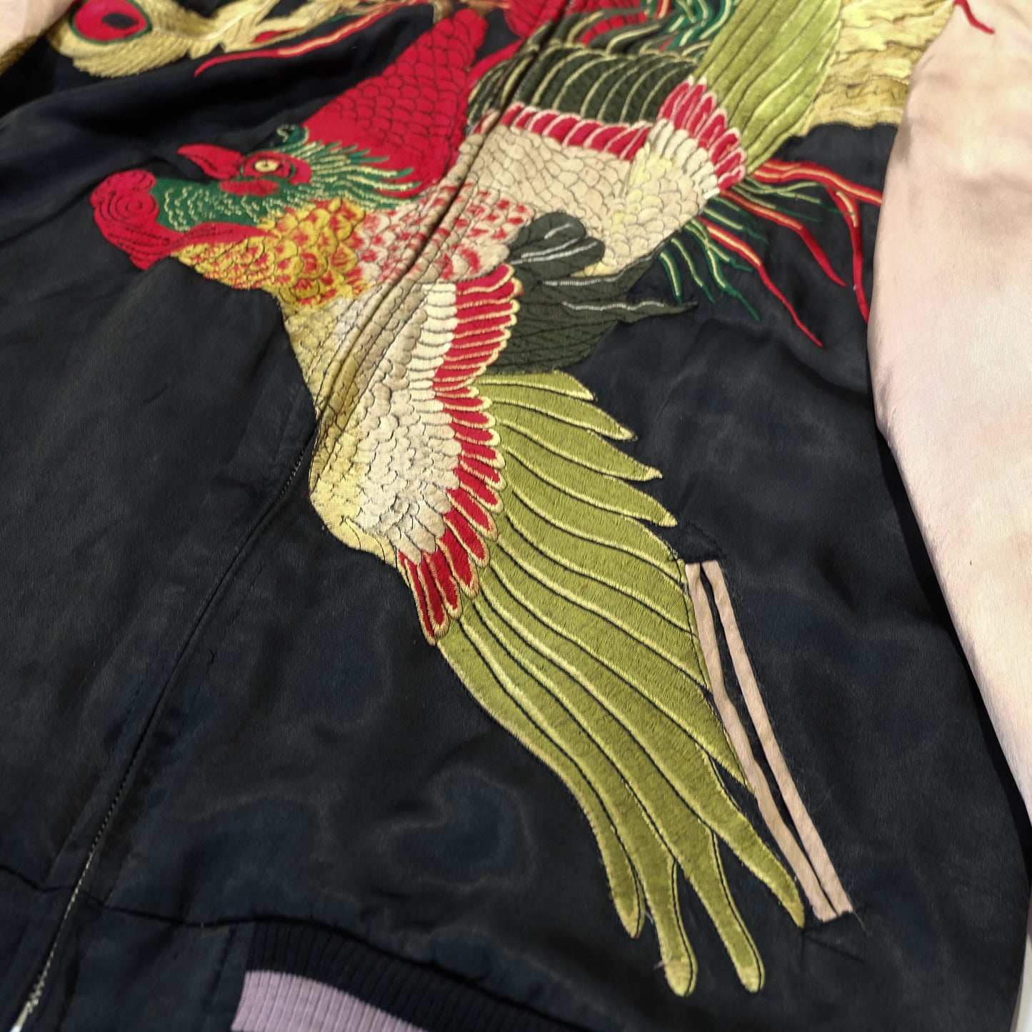 Vintage-Inspired Wagara Embroidered Jacket Featuring Majestic Kujaku Peacock Feathers, Phoenix Bird & Traditional Japanese Textile Art