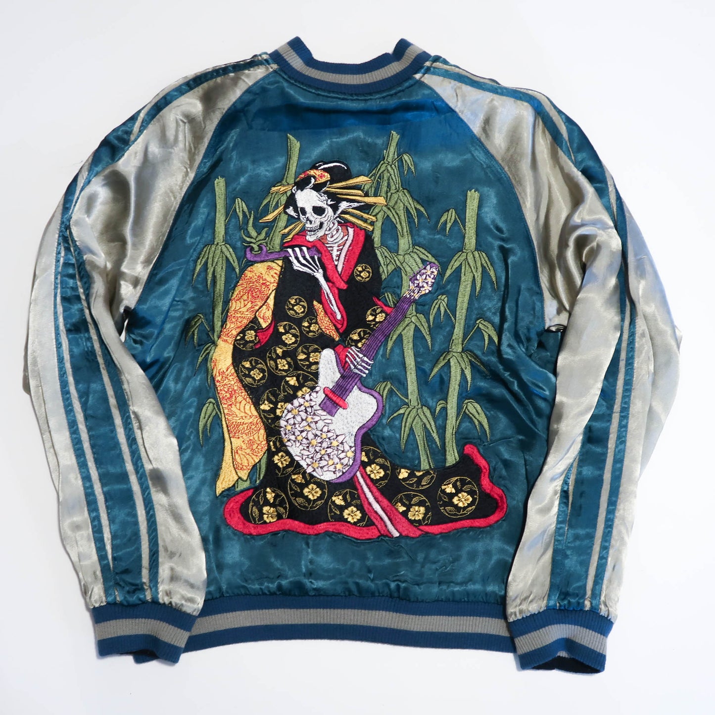 Skeleton Geisha Shamisen Sukajan Jacket | Japanese Punk Rockabilly Embroidered Souvenir Bomber Jacket