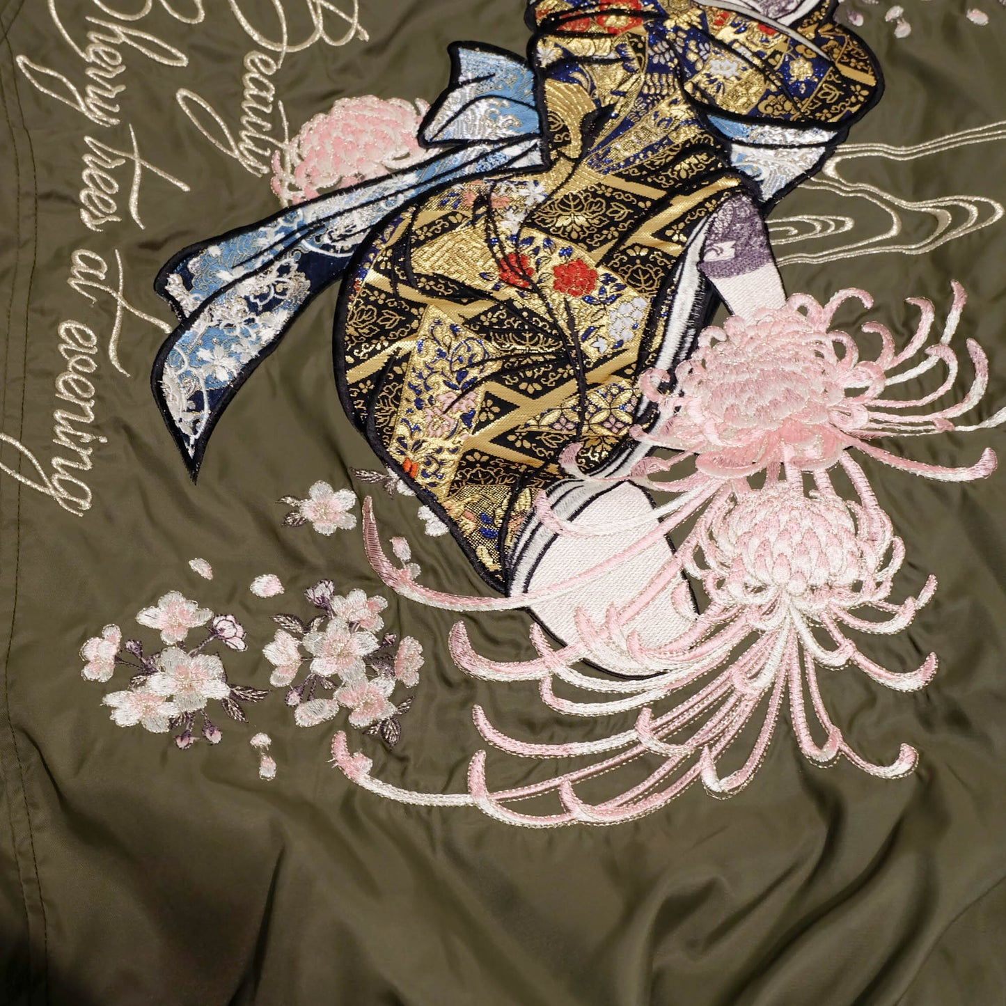 Japanese DIVINE RETRIBUTION Oiran Beauty Cherry Blossom Embroidered MA-1 Bomber Jacket XL