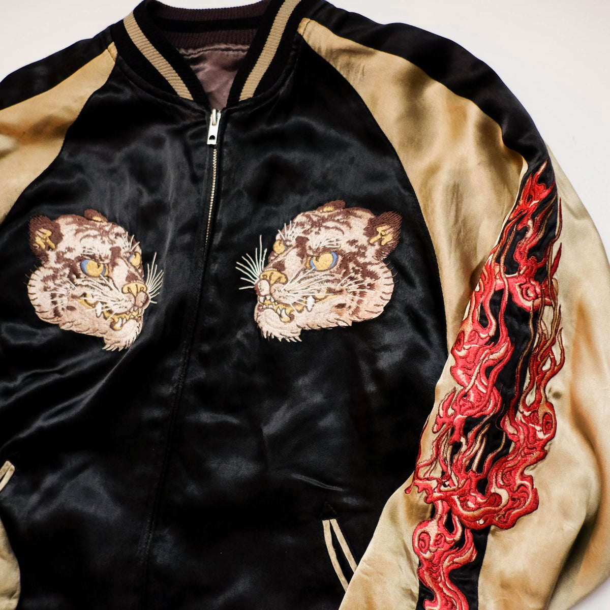 Shōki Demon Slayer & Flaming Tiger Reversible Sukajan Jacket Size L | Japanese Embroidered Souvenir Bomber
