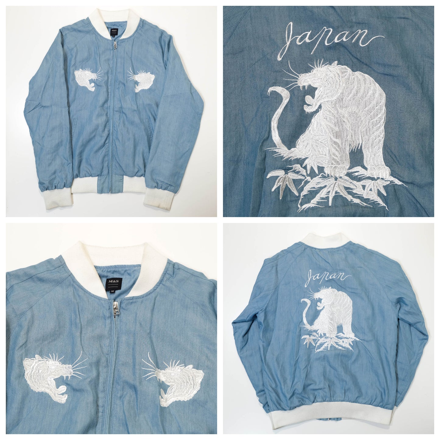 Minimalist Wagara Streetwear Jacket Featuring White Embroidered Tiger Artwork & Classic Japan Souvenir Style