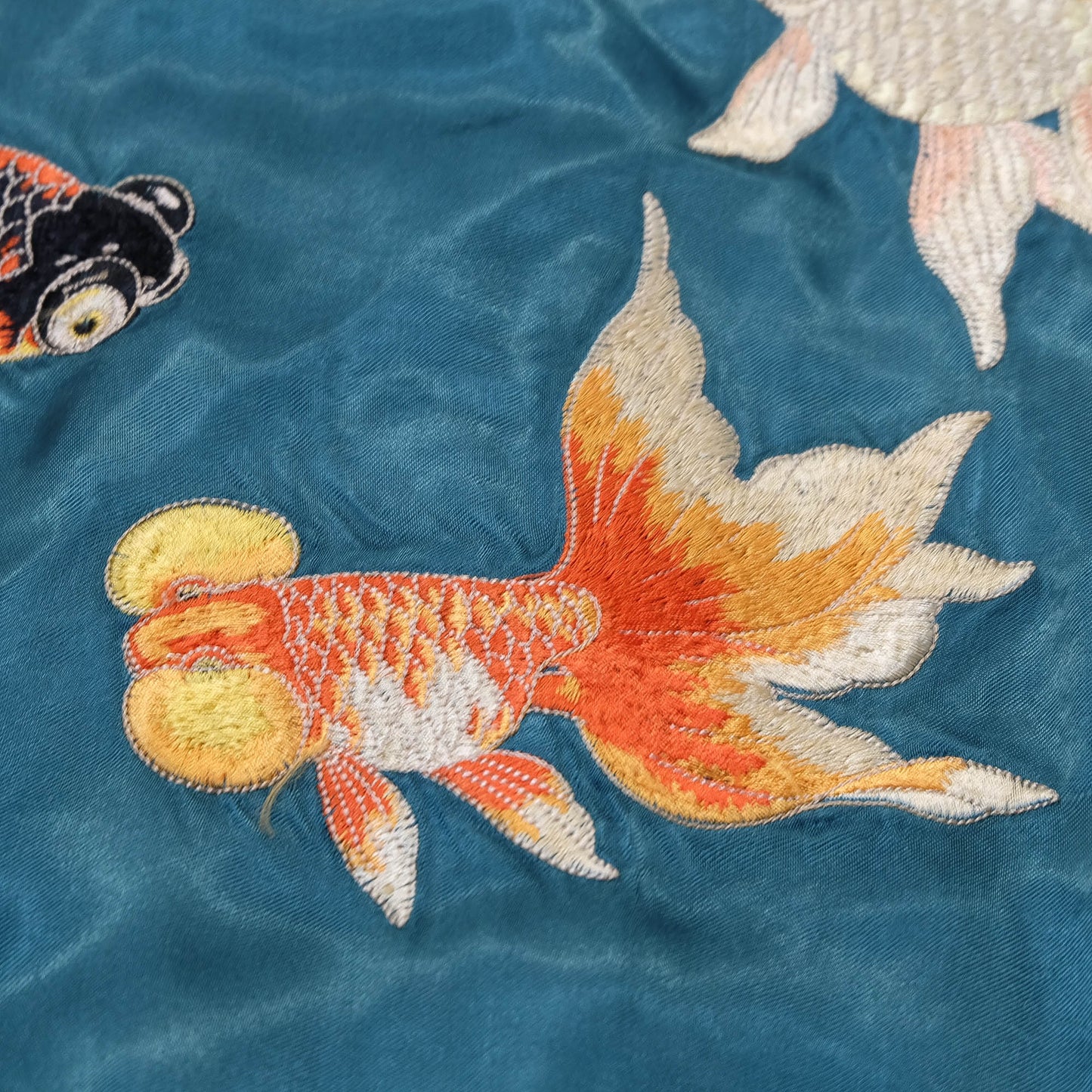 Elegant Japanese Embroidered Jacket Featuring Traditional Kingyo Goldfish, Water Ripples & Edo-Inspired Artwork