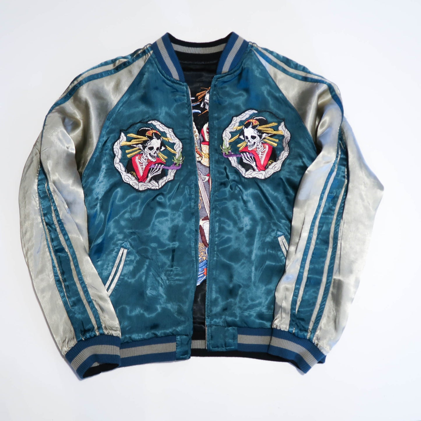 Skeleton Geisha Shamisen Sukajan Jacket | Japanese Punk Rockabilly Embroidered Souvenir Bomber Jacket