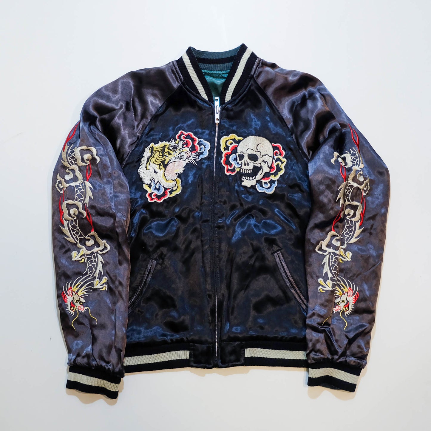 Vintage Japanese Sukajan Jacket Velvet Bomber | Skull Tiger Dragon Hot Rod Embroidery Streetwear Jacket Size S-M