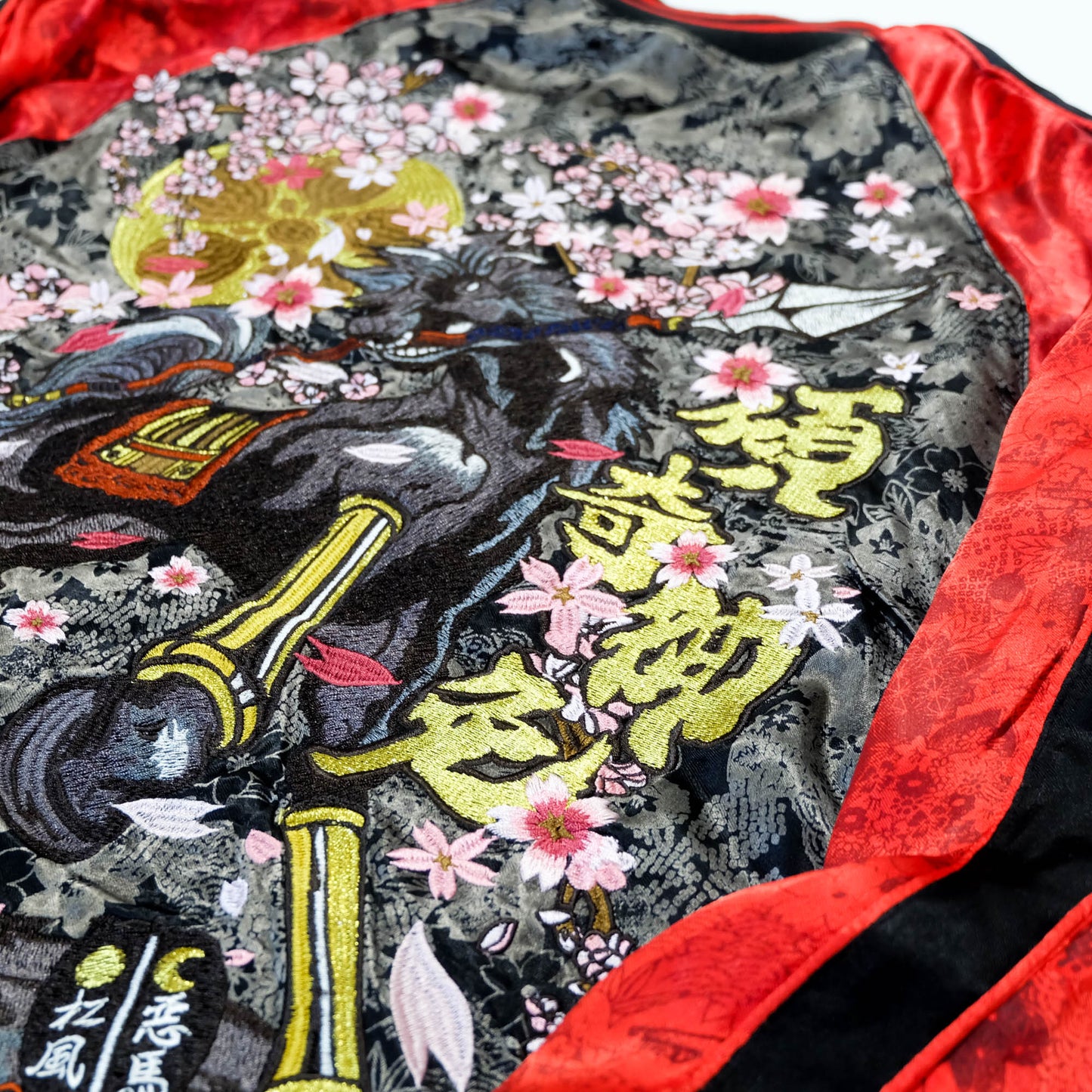 Miyabi Musubi ZENBU Japanese Badass Black Red Yakuza Yanki Dragon Sakura Horse Uma Warrior Musha Warrior Cherry Blossoms Embroidered Embroidery Sukajan Souvenir Sukajum Skajum Tattoo Art Design Yokosuka Jumper Bomber Jacket ( Size : L )