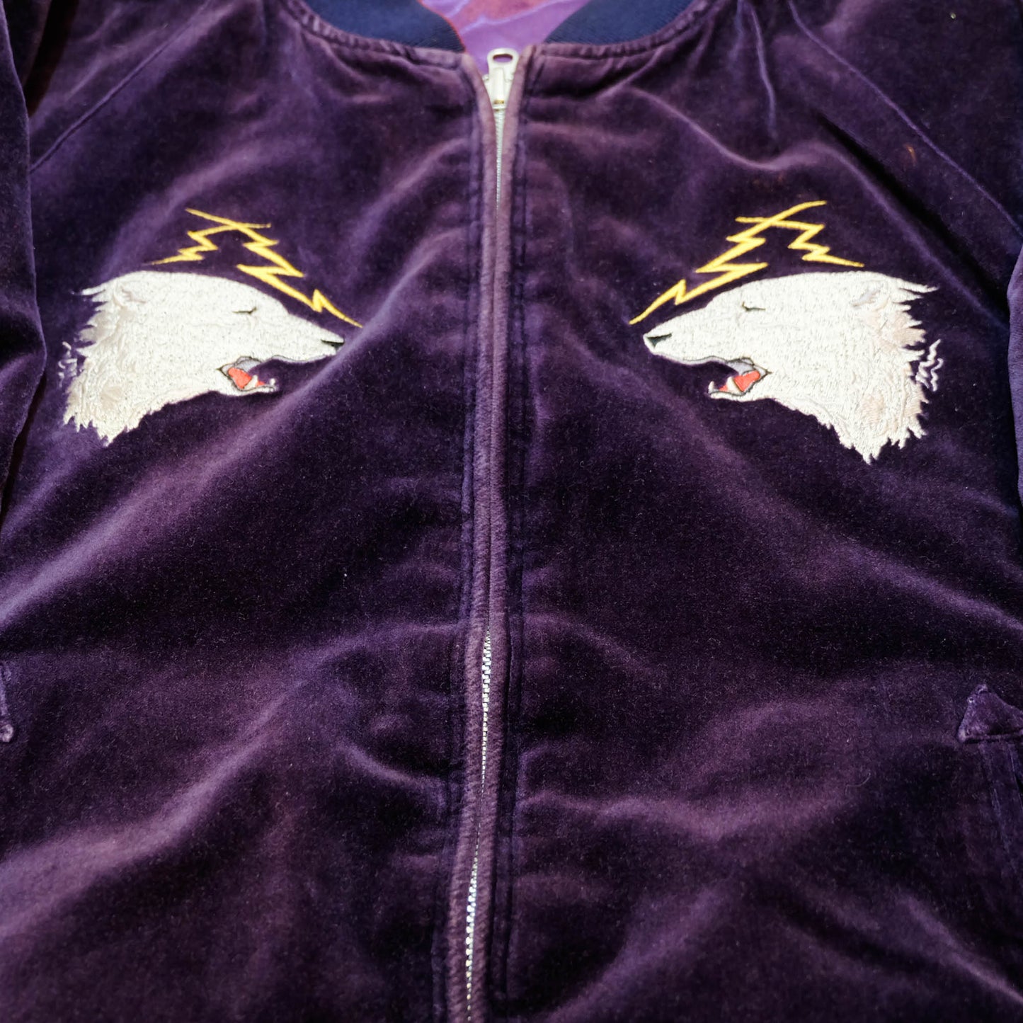 PPFM Peyton’s Place for Men Vintage Velvet Sukajan Jacket | Japanese Hinomaru Eagle Wolf Embroidery Souvenir Bomber Jacket Purple Size M-L