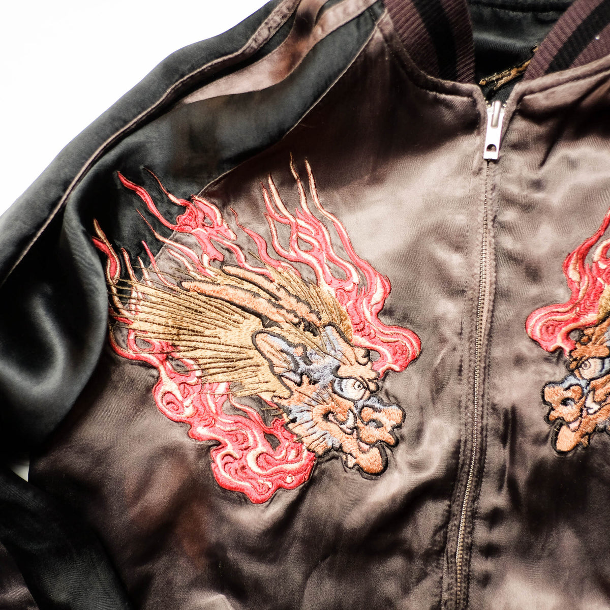 Shōki Demon Slayer & Flaming Tiger Reversible Sukajan Jacket Size L | Japanese Embroidered Souvenir Bomber