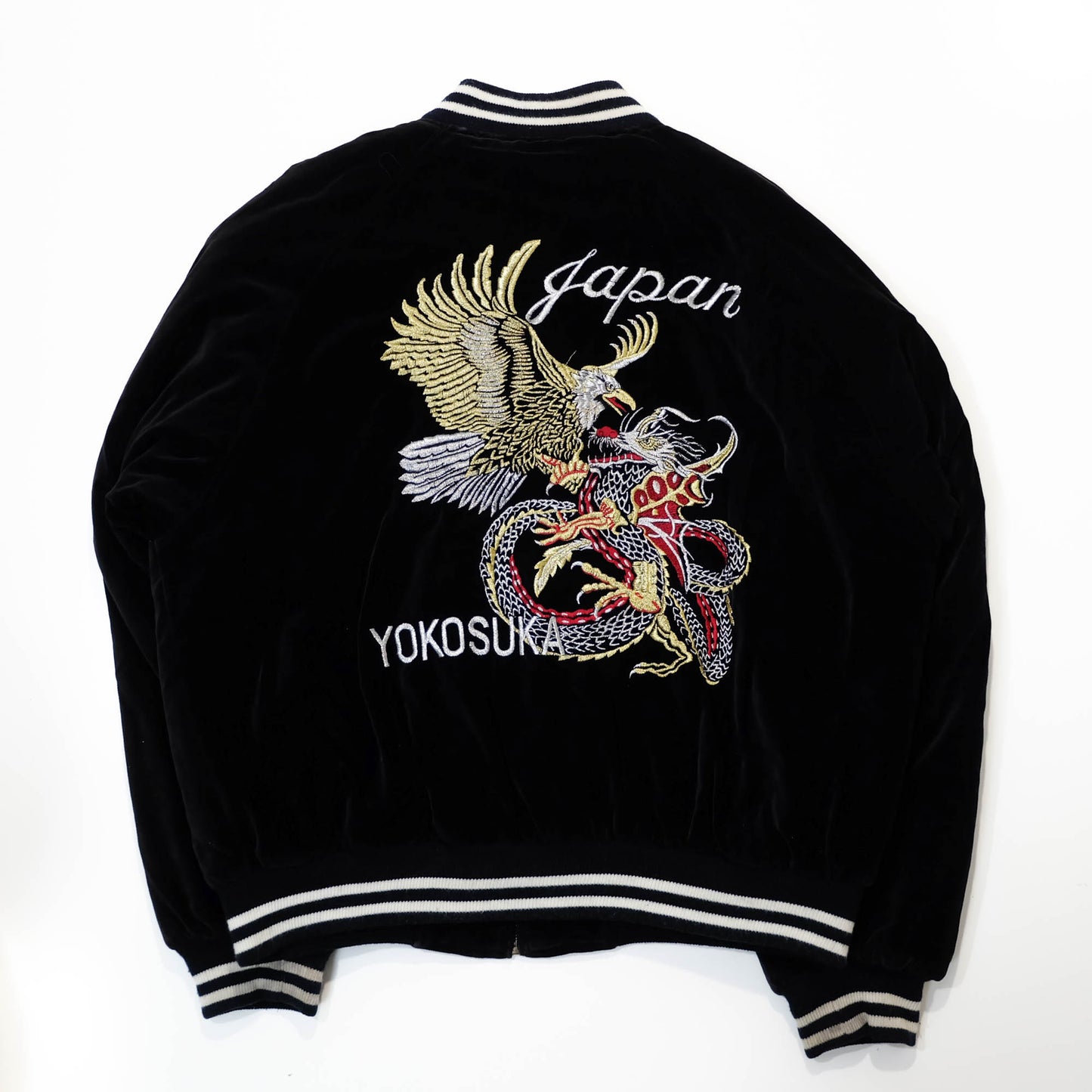 Rare Japanese Velvet Bomber Jacket Featuring Twin Dragons, Eagle & Yokosuka Souvenir Artwork