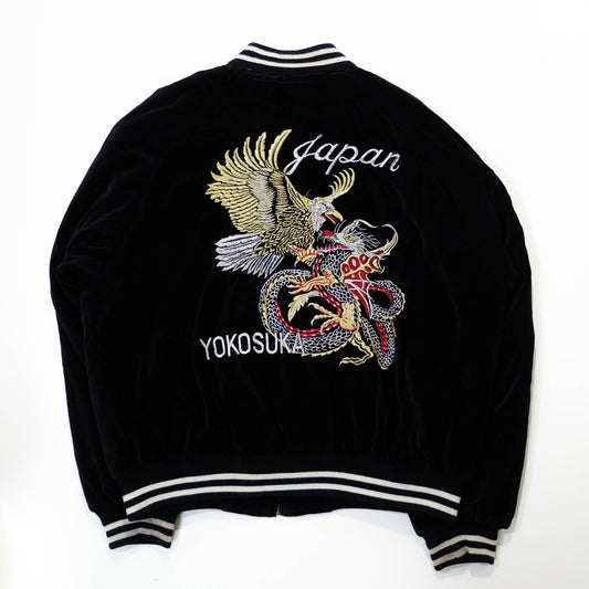 Rare Japanese Velvet Bomber Jacket Featuring Twin Dragons, Eagle & Yokosuka Souvenir Artwork