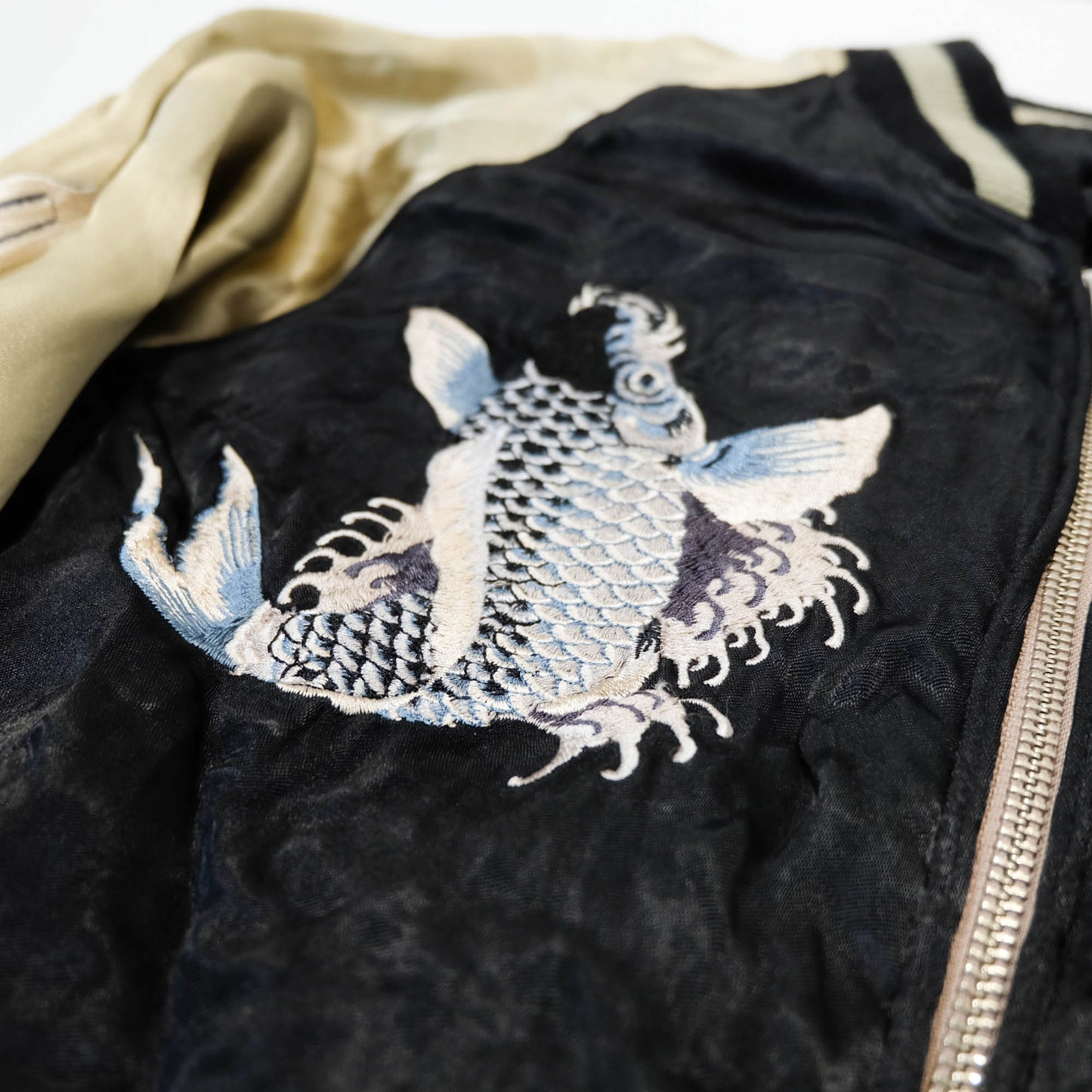 Traditional Japanese Koi Fish Wagara Embroidery Jacket Featuring Dynamic Water Motif & Vintage Yokosuka Style