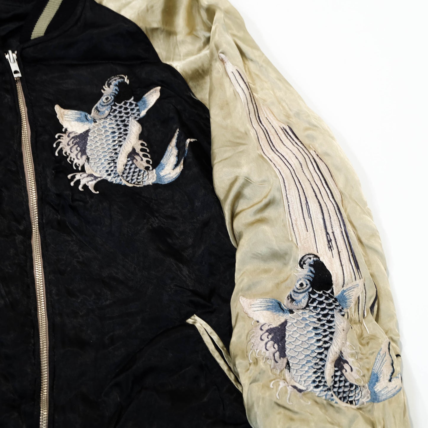 Traditional Japanese Koi Fish Wagara Embroidery Jacket Featuring Dynamic Water Motif & Vintage Yokosuka Style