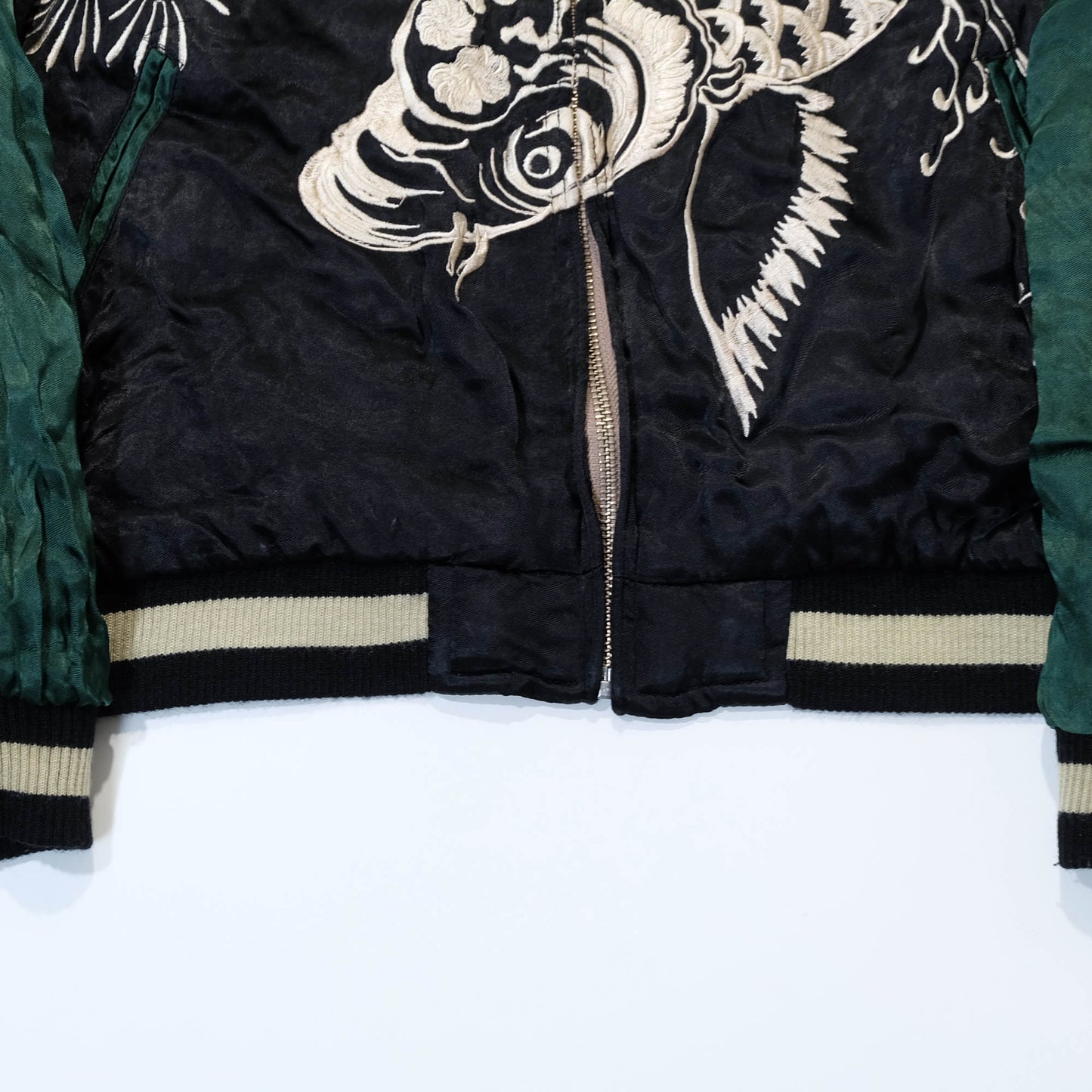 Traditional Japanese Koi Fish Wagara Embroidery Jacket Featuring Dynamic Water Motif & Vintage Yokosuka Style