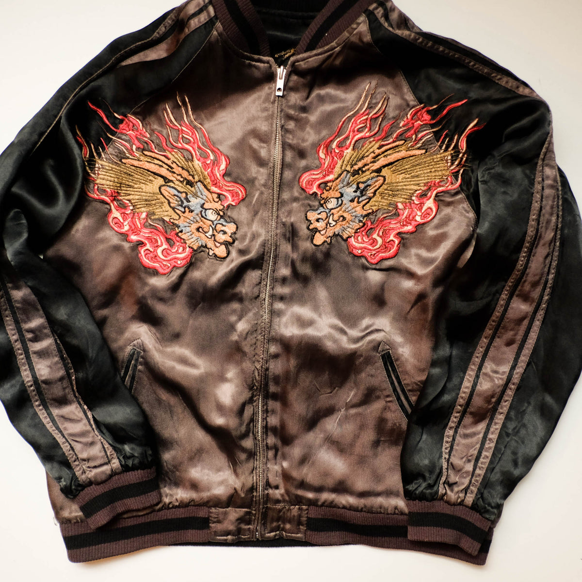 Shōki Demon Slayer & Flaming Tiger Reversible Sukajan Jacket Size L | Japanese Embroidered Souvenir Bomber