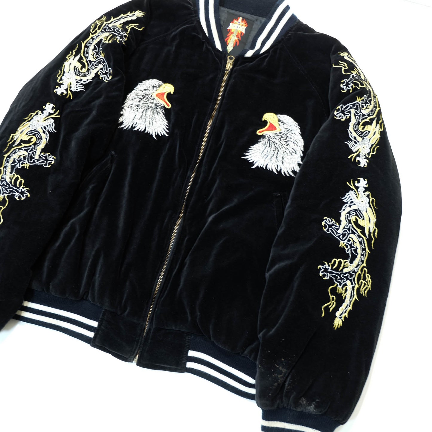 Rare Japanese Velvet Bomber Jacket Featuring Twin Dragons, Eagle & Yokosuka Souvenir Artwork