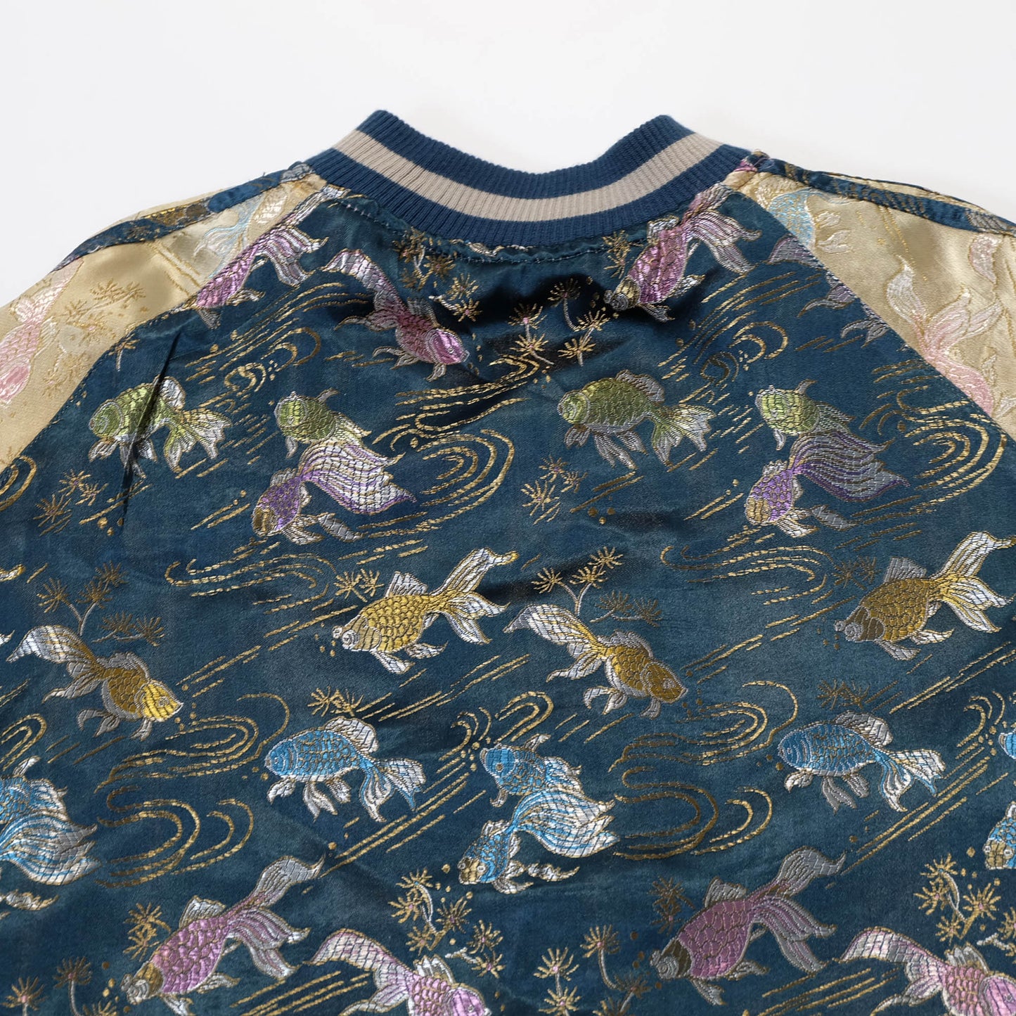 Elegant Japanese Embroidered Jacket Featuring Traditional Kingyo Goldfish, Water Ripples & Edo-Inspired Artwork