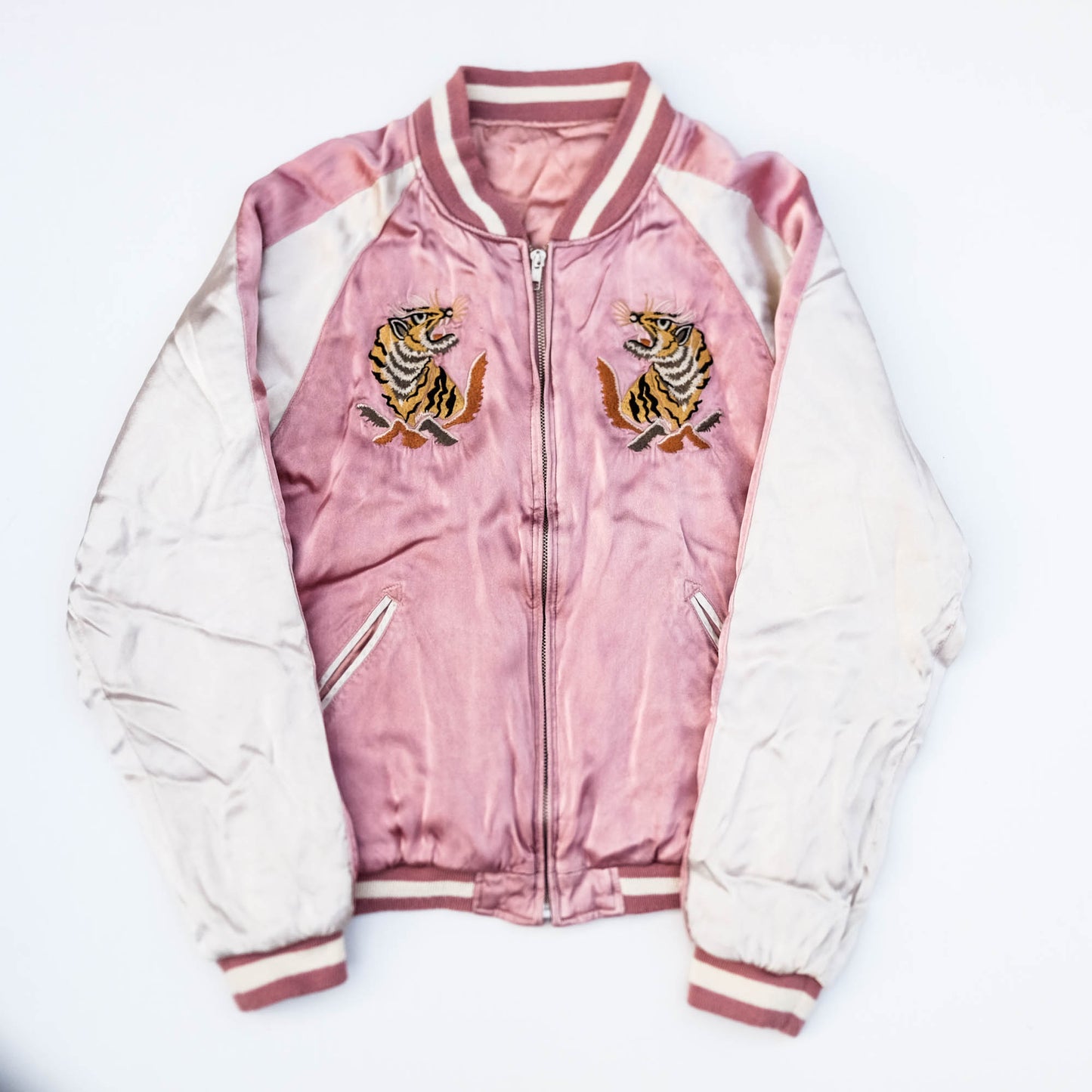 Iconic Japanese Pink Sukajan Embroidered Souvenir Bomber Jacket | Tiger & Mount Fuji Tattoo Art Jacket
