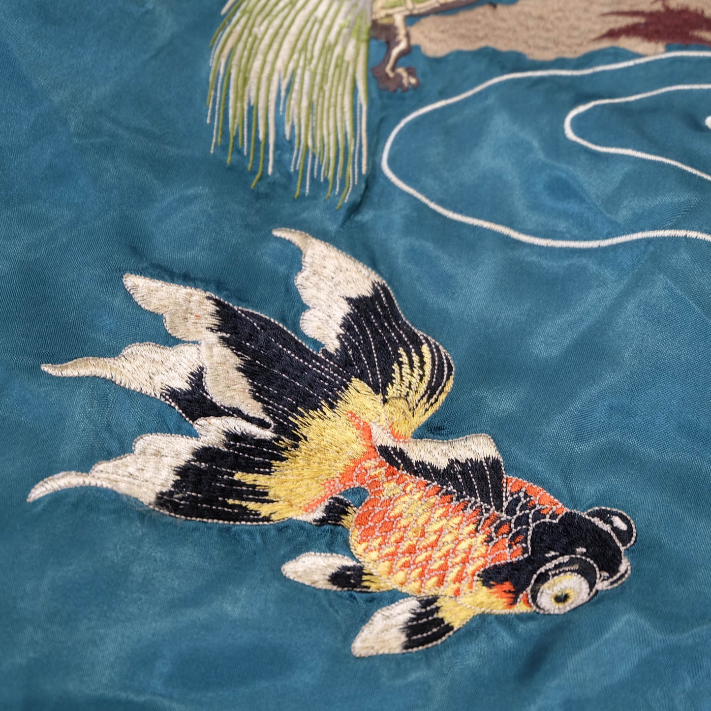 Elegant Japanese Embroidered Jacket Featuring Traditional Kingyo Goldfish, Water Ripples & Edo-Inspired Artwork