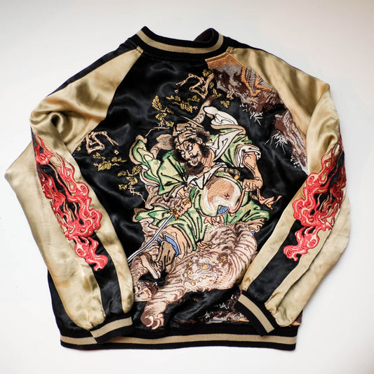 Shōki Demon Slayer & Flaming Tiger Reversible Sukajan Jacket Size L | Japanese Embroidered Souvenir Bomber