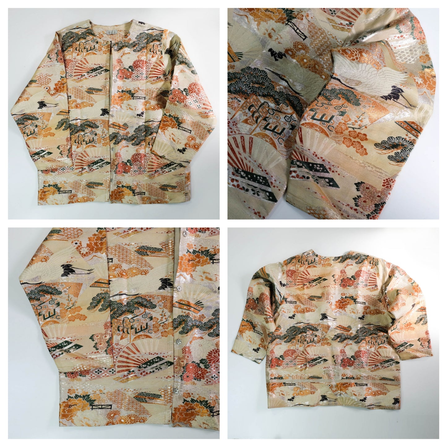 One-of-a-Kind Japanese Wagara Brocade Jacket with Tsuru Cranes, Sensu Fans, Pine, Chrysanthemum & Classical Geometric Motifs