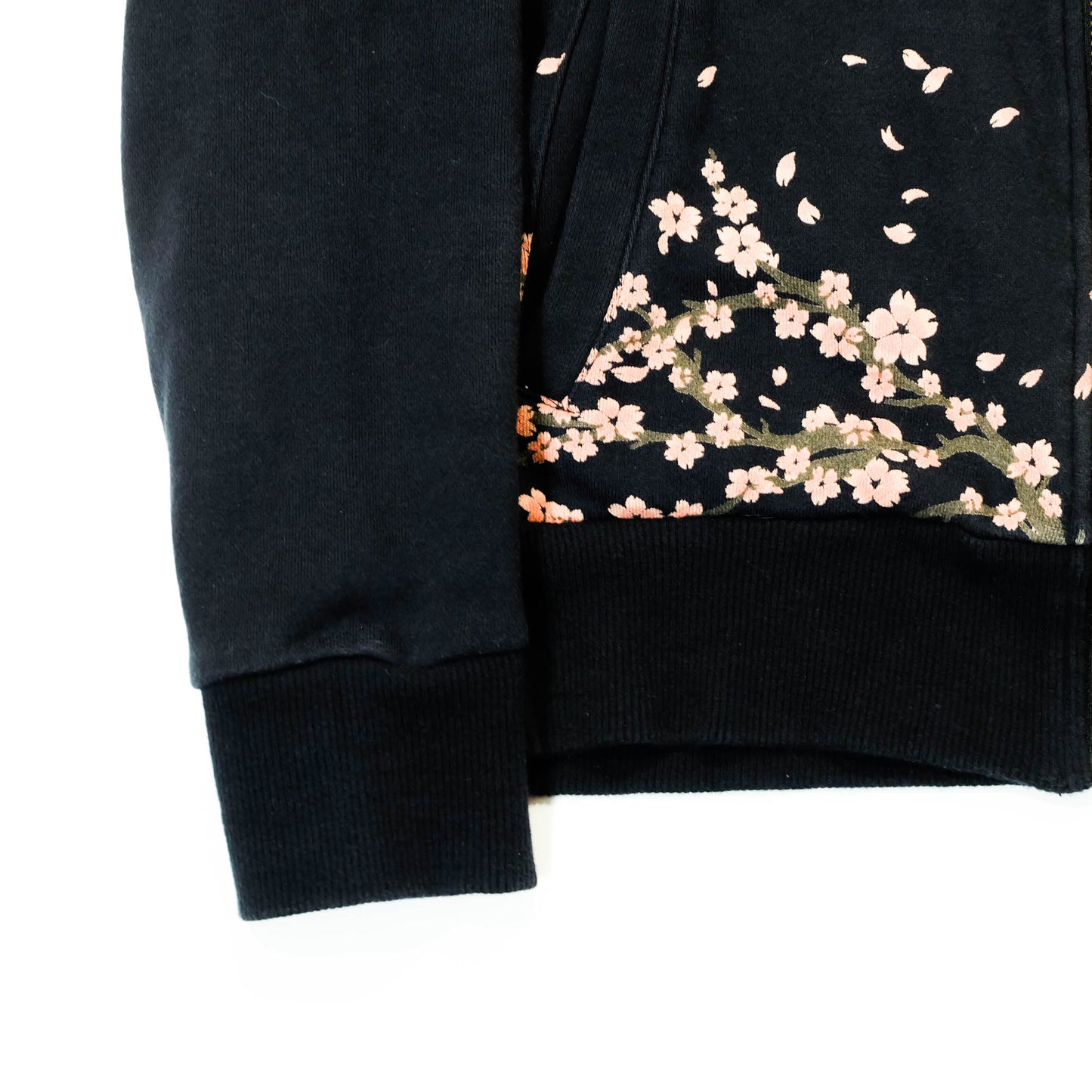 Elegant Japanese Streetwear Hoodie with Cascading Sakura Branch Embroidery, Falling Petals and Wagara-Inspired Floral Art