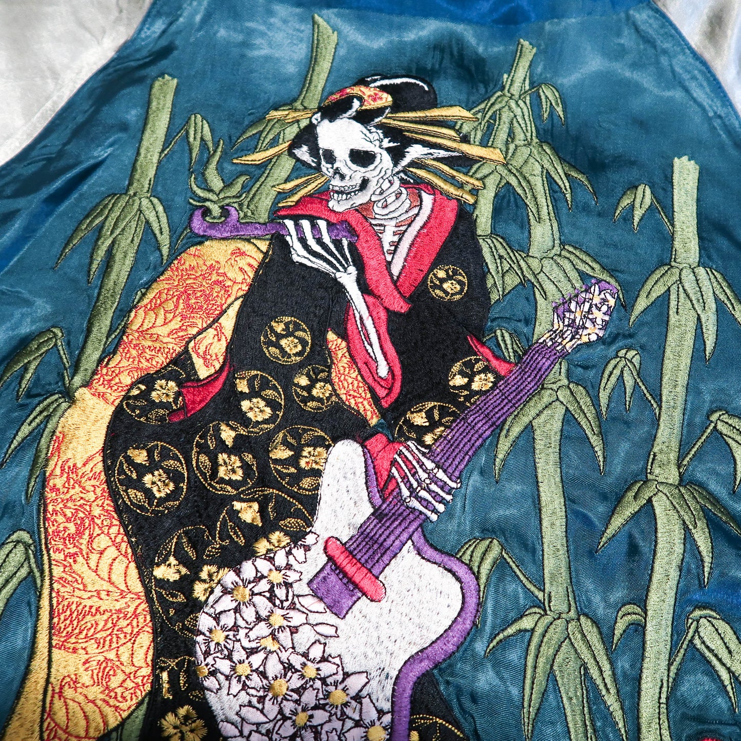 Skeleton Geisha Shamisen Sukajan Jacket | Japanese Punk Rockabilly Embroidered Souvenir Bomber Jacket