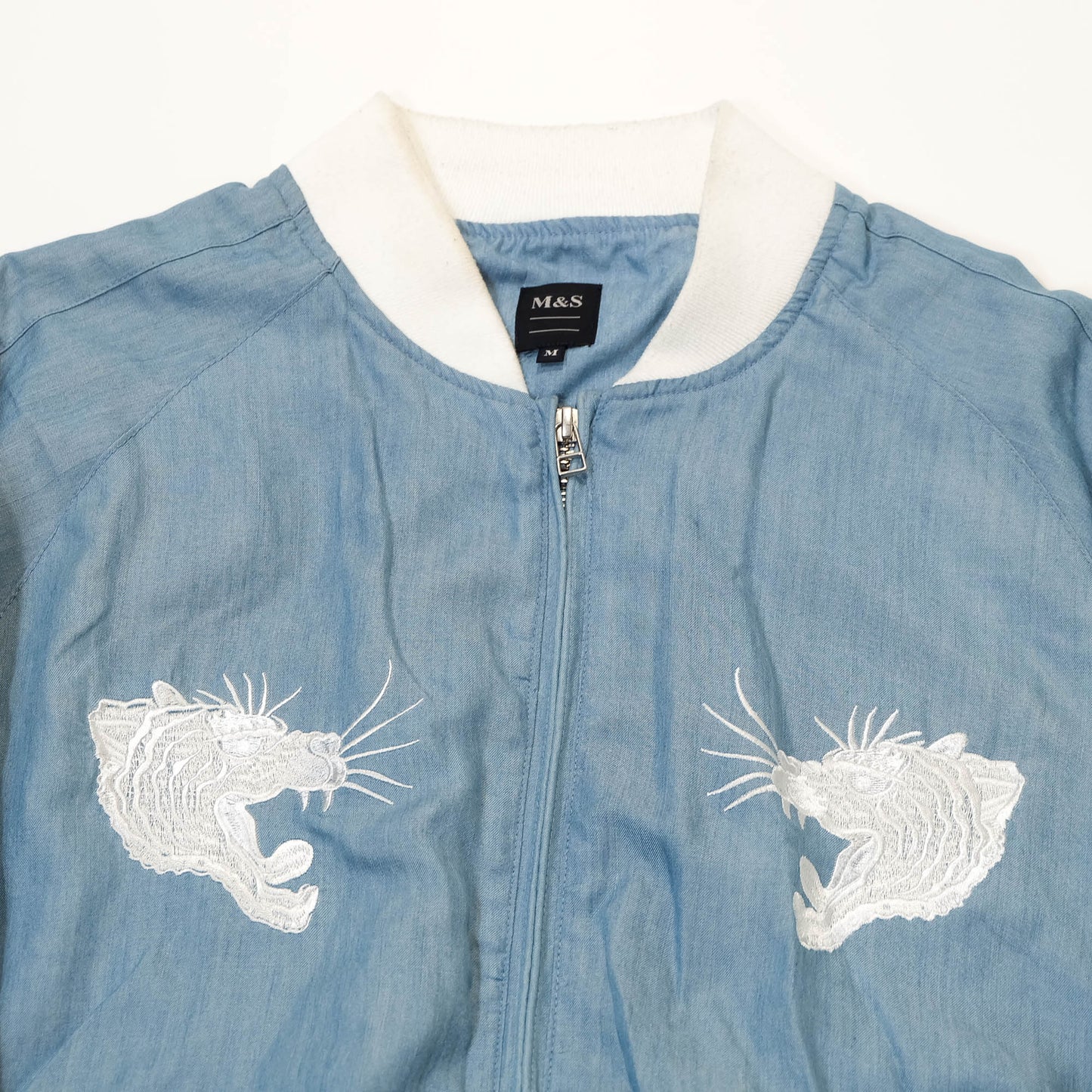 Minimalist Wagara Streetwear Jacket Featuring White Embroidered Tiger Artwork & Classic Japan Souvenir Style