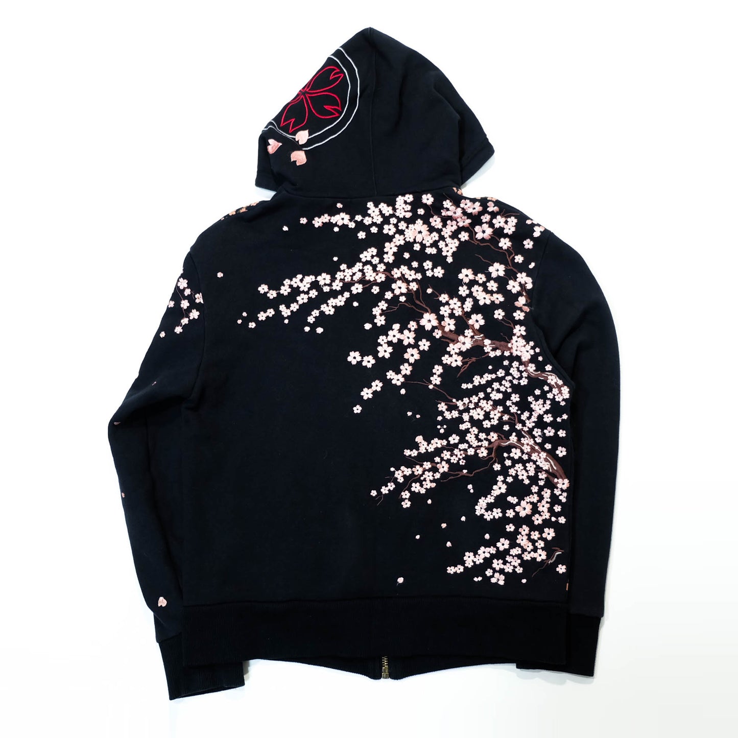 Elegant Japanese Streetwear Hoodie with Cascading Sakura Branch Embroidery, Falling Petals and Wagara-Inspired Floral Art