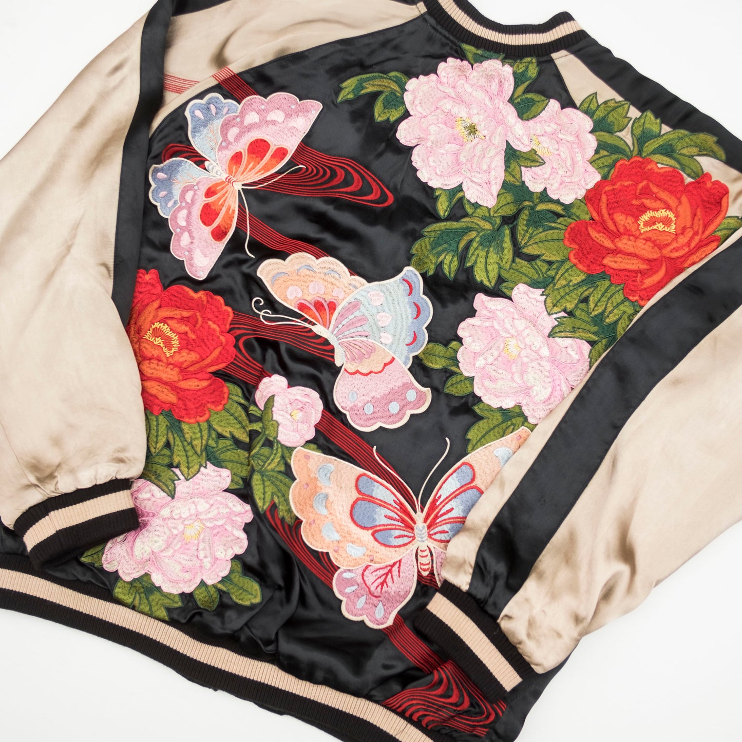 Sexy Chic Japanese Japan Butterfly Chocho Butterflies Floral Flowers Flower Garden Embroidered Embroidery Sukajan Sukajum Souvenir Reversible Jacket ( Size : L )