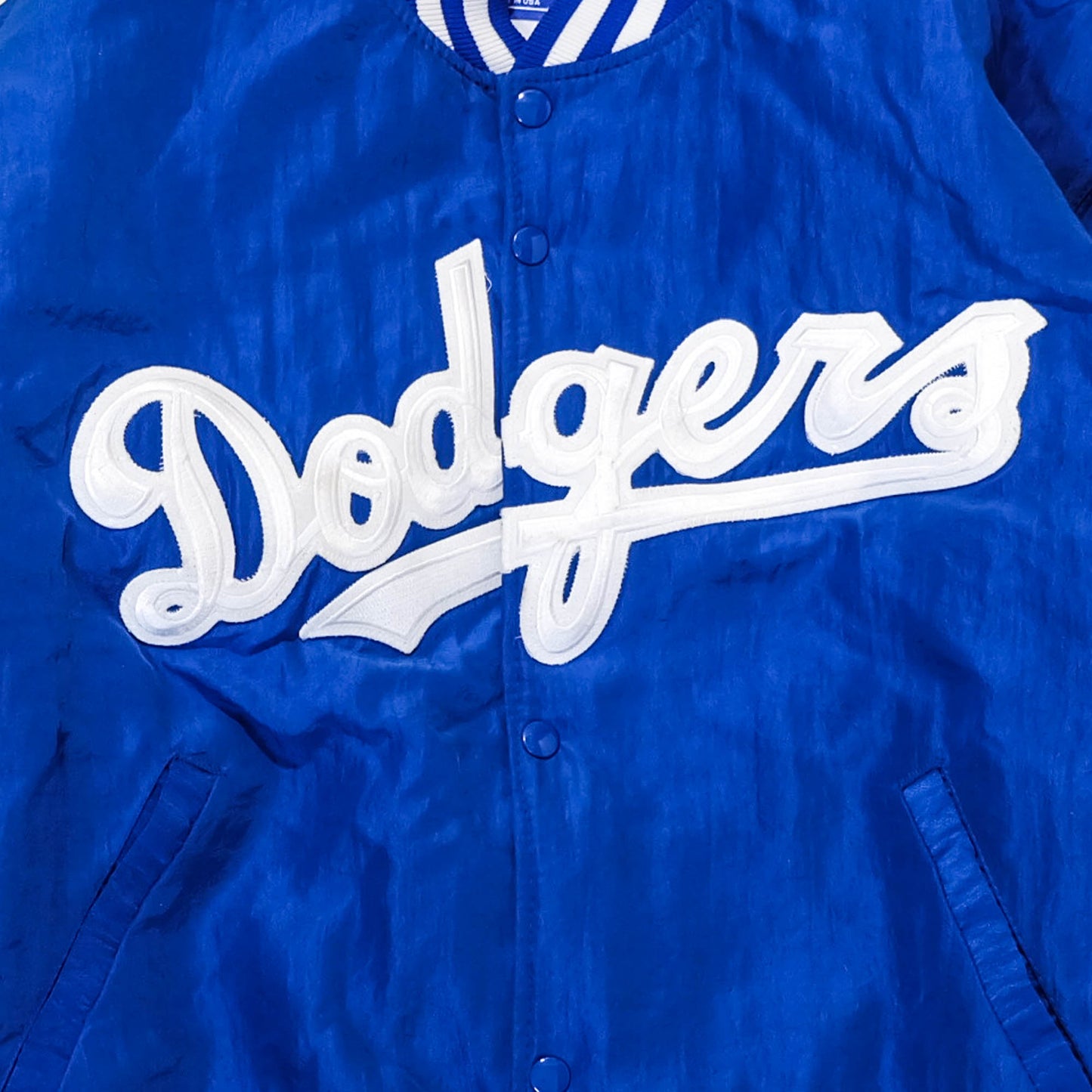 Starter Dodgers Vintage Satin Varsity Jacket | MLB Baseball Bomber Jacket Blue Stadium Jacket Made USA Size L