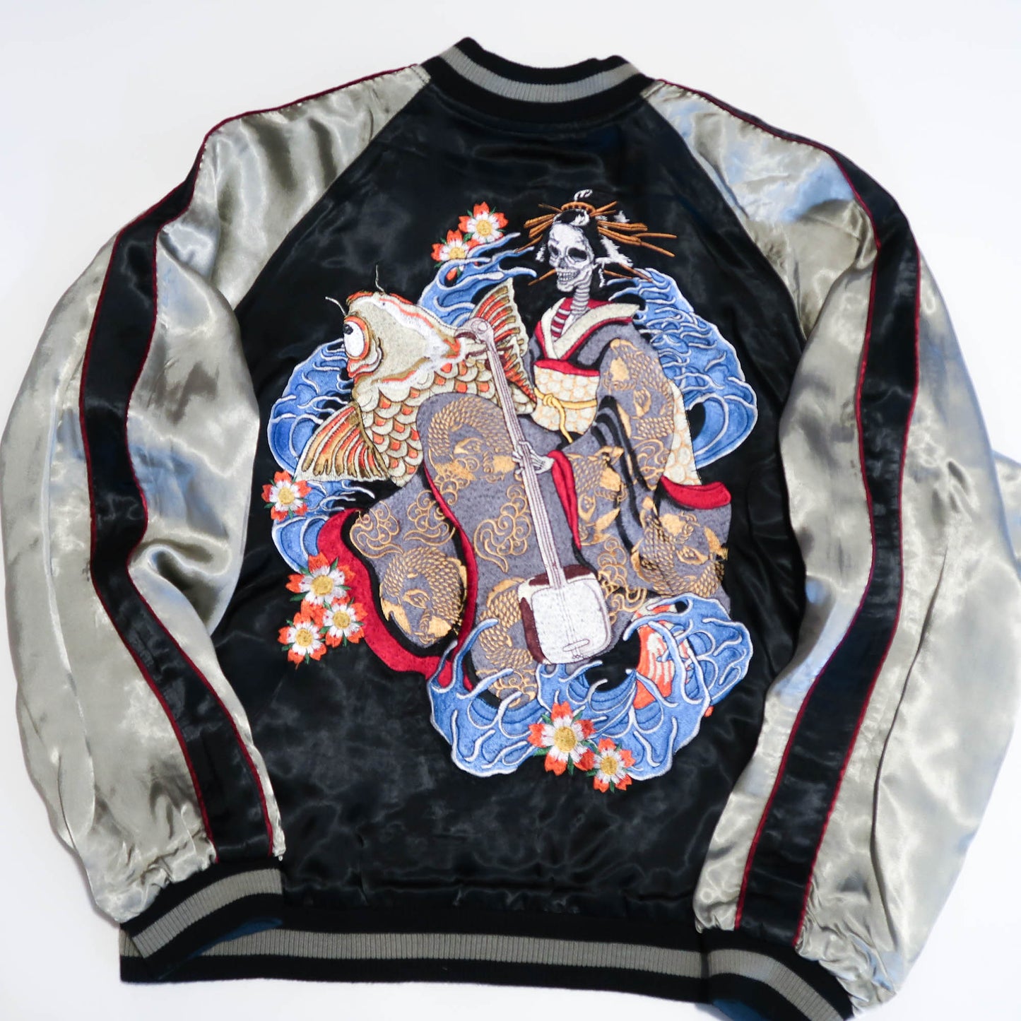 Skeleton Geisha Shamisen Sukajan Jacket | Japanese Punk Rockabilly Embroidered Souvenir Bomber Jacket