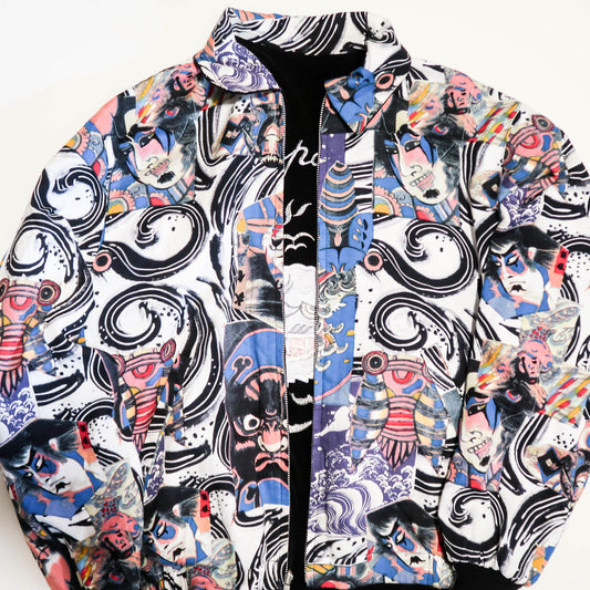 Reversible Black Velvet Dragon Sukajan Jacket – Ukiyo-e Kabuki Samurai Art Collage Japanese Souvenir Blouson