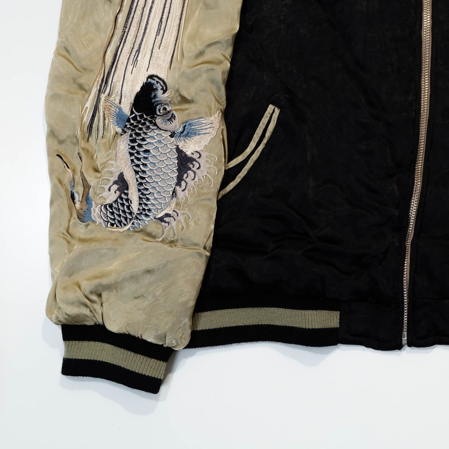 Traditional Japanese Koi Fish Wagara Embroidery Jacket Featuring Dynamic Water Motif & Vintage Yokosuka Style