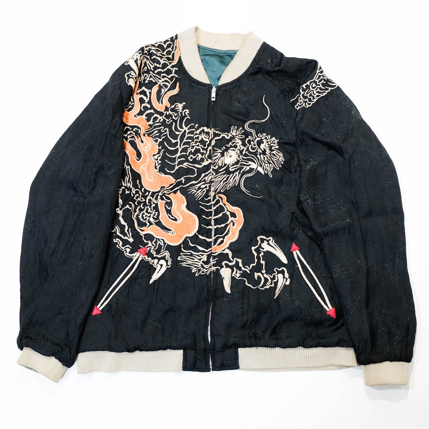 Japanese Sukajan Jacket XL Dragon & Koi Carp Water Wave Embroidery Reversible Yokosuka Bomber