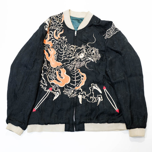 Japanese Sukajan Jacket XL Dragon & Koi Carp Water Wave Embroidery Reversible Yokosuka Bomber