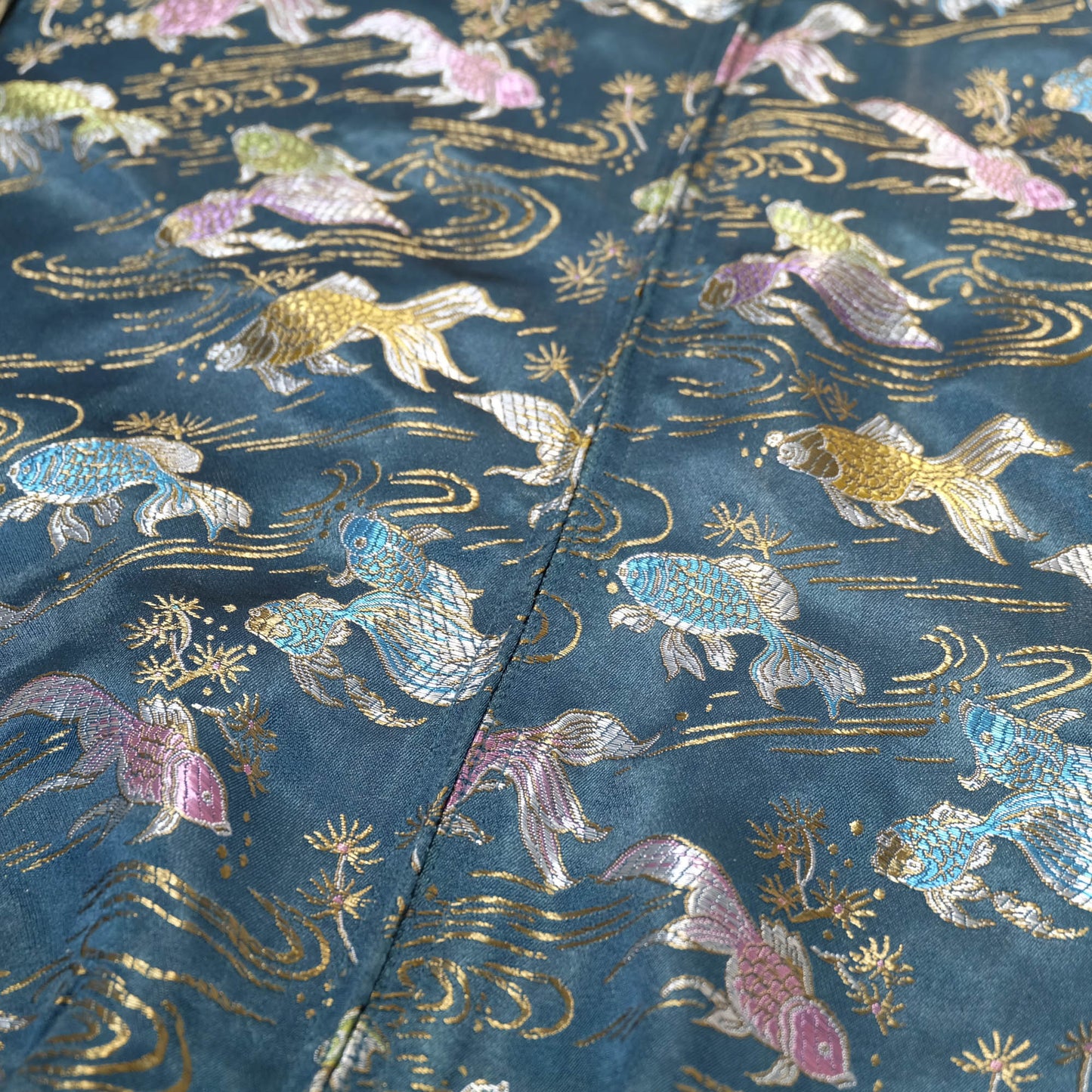 Elegant Japanese Embroidered Jacket Featuring Traditional Kingyo Goldfish, Water Ripples & Edo-Inspired Artwork