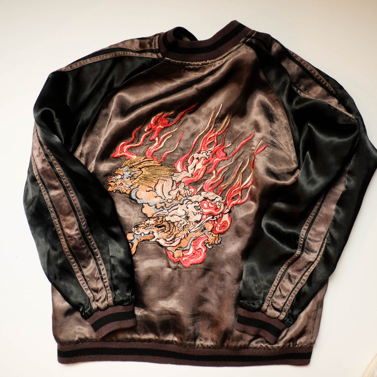 Shōki Demon Slayer & Flaming Tiger Reversible Sukajan Jacket Size L | Japanese Embroidered Souvenir Bomber