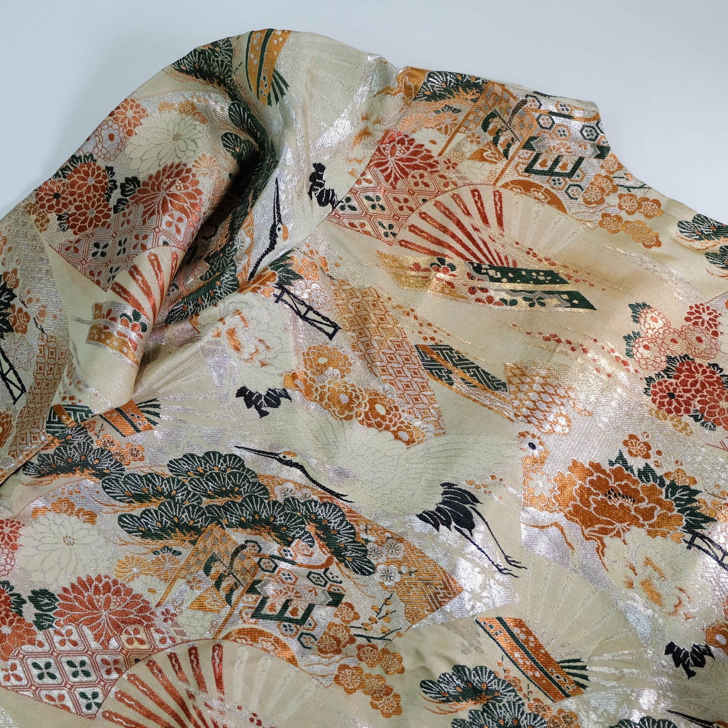 One-of-a-Kind Japanese Wagara Brocade Jacket with Tsuru Cranes, Sensu Fans, Pine, Chrysanthemum & Classical Geometric Motifs