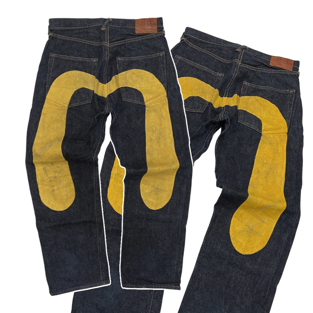Japanese Amekaji Evisu Genes Osaka Yamane Yellow Paint Denim Jeans 33 x 35 in
