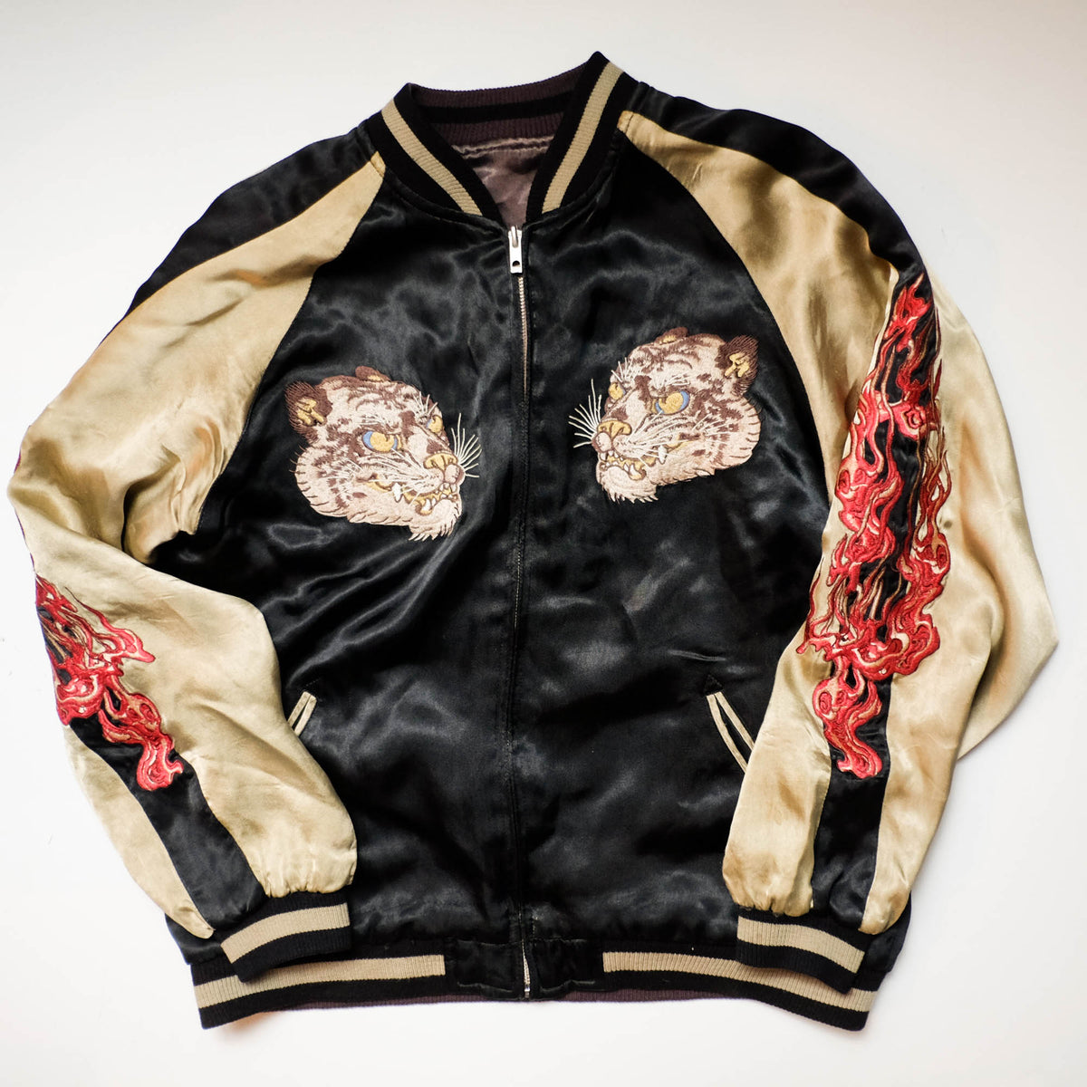 Shōki Demon Slayer & Flaming Tiger Reversible Sukajan Jacket Size L | Japanese Embroidered Souvenir Bomber