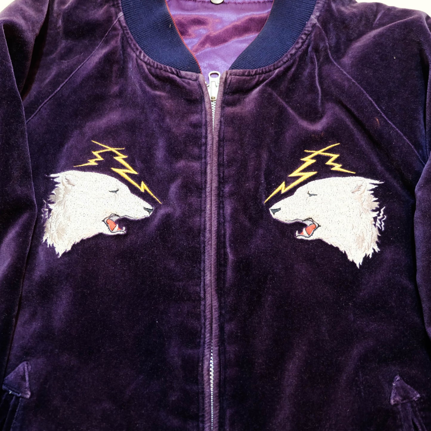 PPFM Peyton’s Place for Men Vintage Velvet Sukajan Jacket | Japanese Hinomaru Eagle Wolf Embroidery Souvenir Bomber Jacket Purple Size M-L