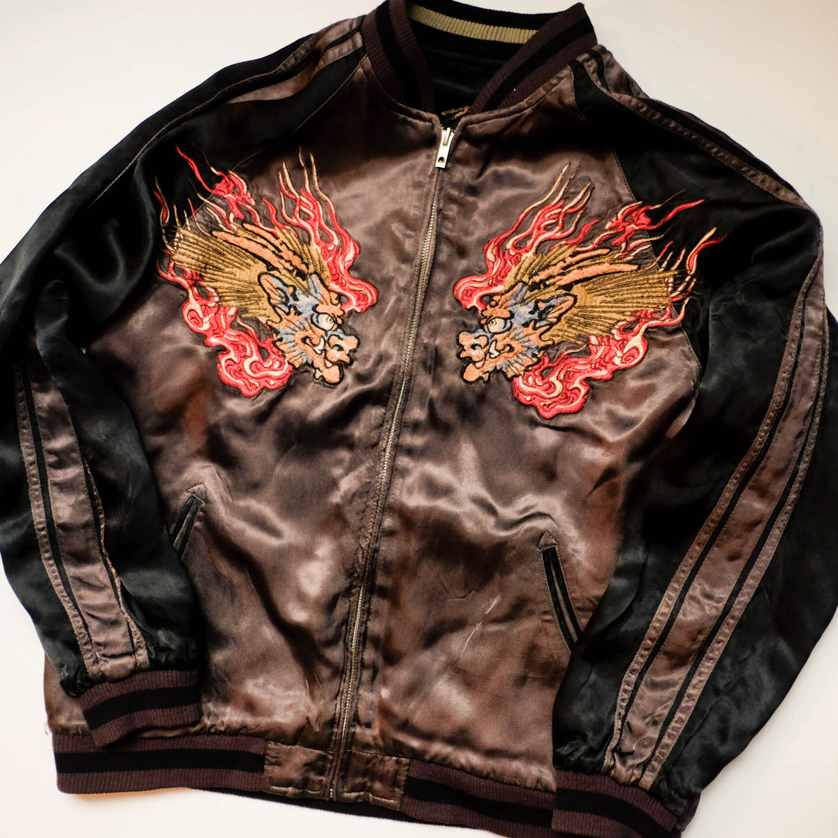 Shōki Demon Slayer & Flaming Tiger Reversible Sukajan Jacket Size L | Japanese Embroidered Souvenir Bomber