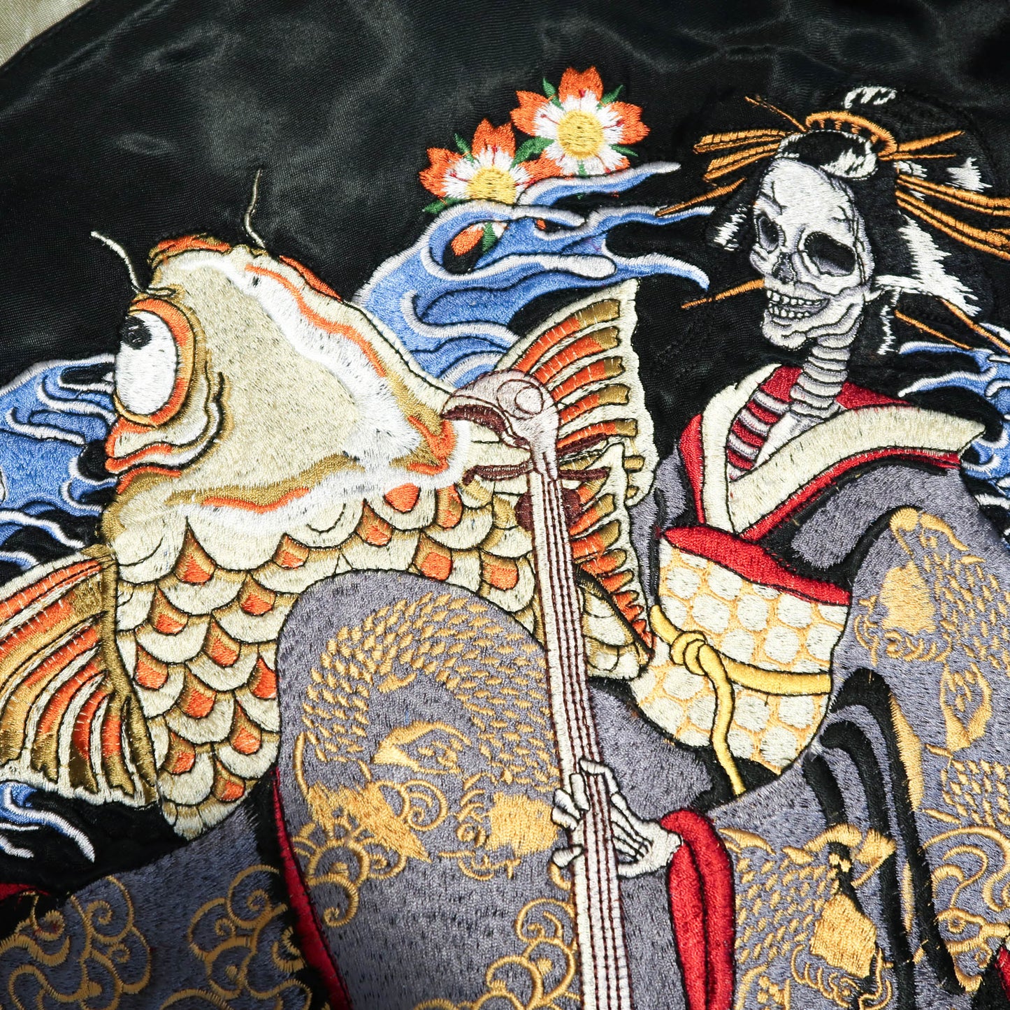 Skeleton Geisha Shamisen Sukajan Jacket | Japanese Punk Rockabilly Embroidered Souvenir Bomber Jacket