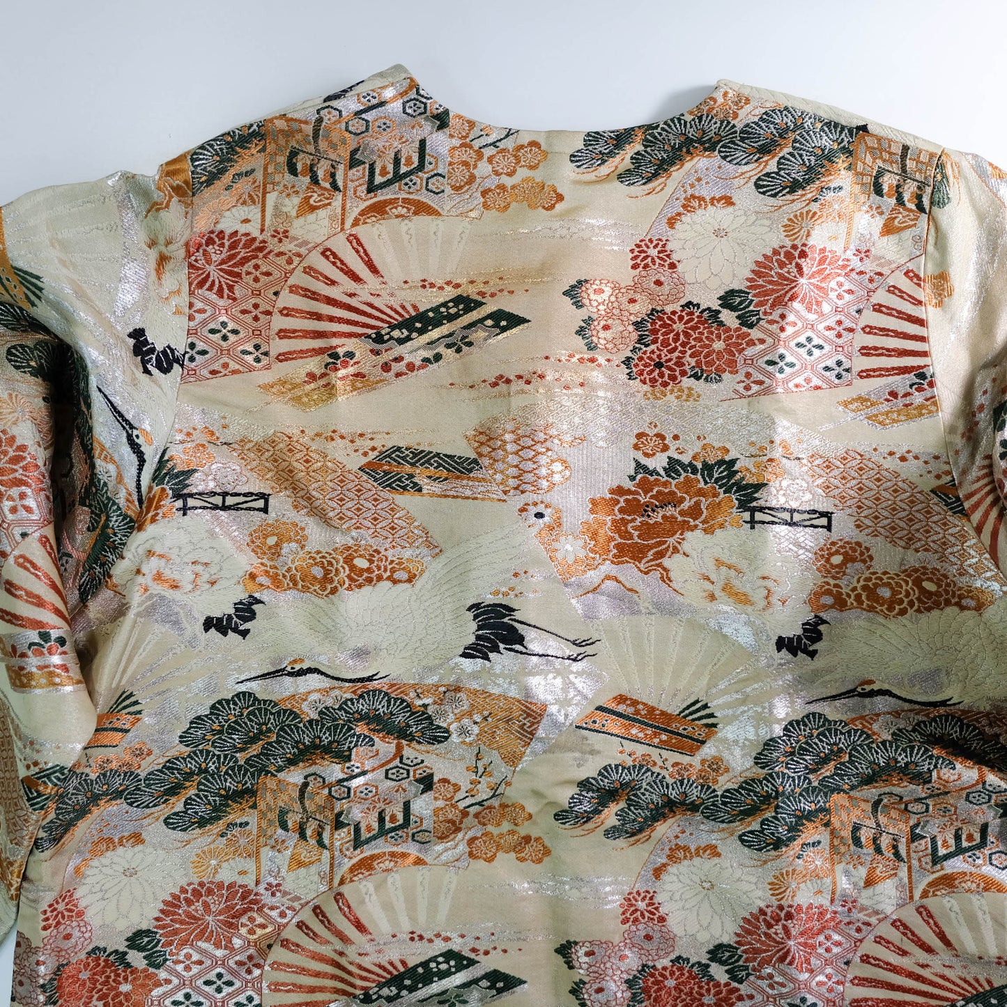 One-of-a-Kind Japanese Wagara Brocade Jacket with Tsuru Cranes, Sensu Fans, Pine, Chrysanthemum & Classical Geometric Motifs