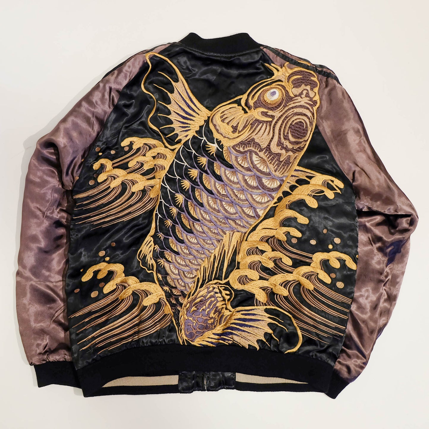 Ryu-Oh Reversible Koi Fish Sukajan Jacket Size L Vintage Japanese Souvenir Bomber | Rising Koi Tattoo Art, Lotus Crest & Brocade Sleeve Wearable Art