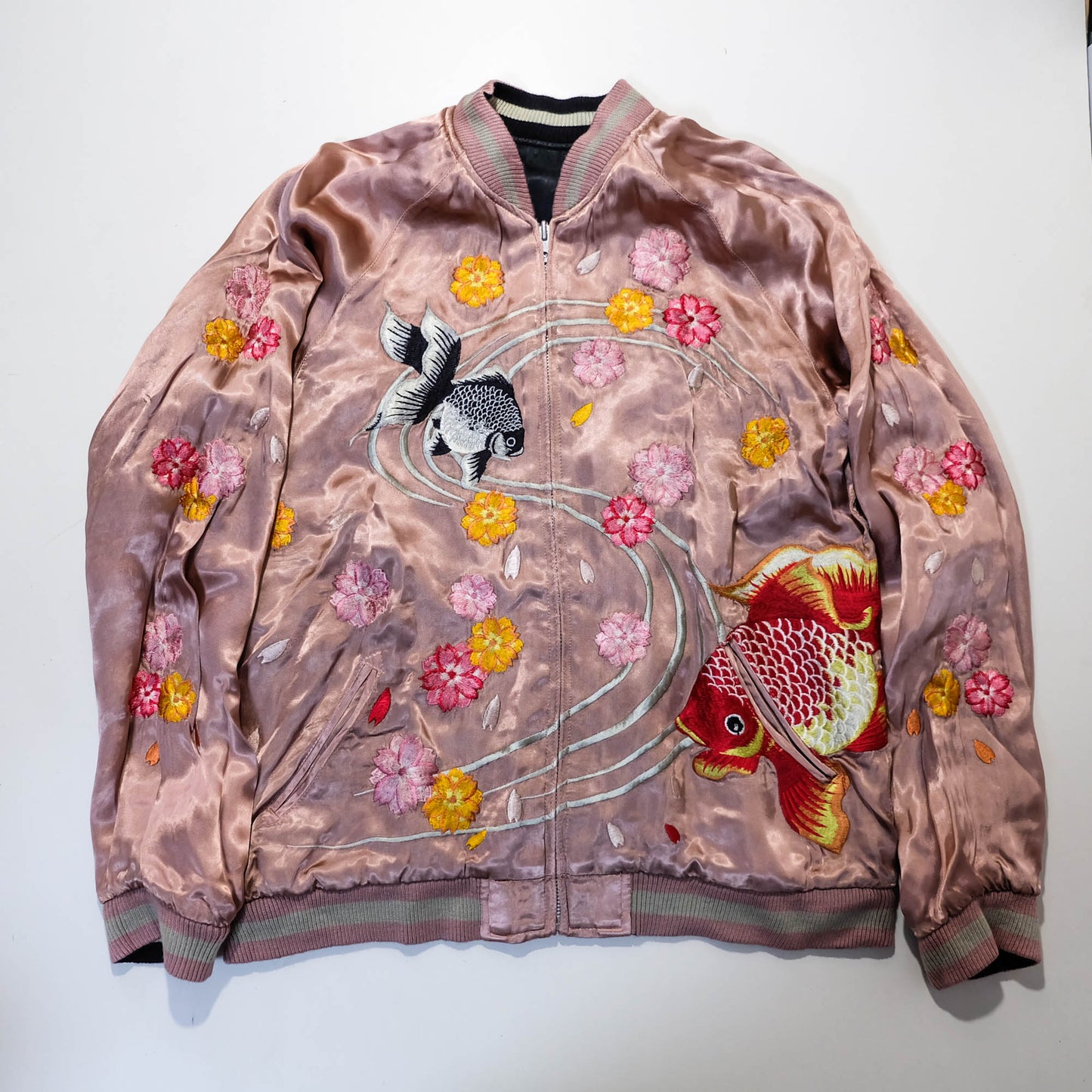 Sakura Goldfish Reversible Sukajan Jacket | Japanese Koi Carp Embroidery Souvenir Bomber Jacket