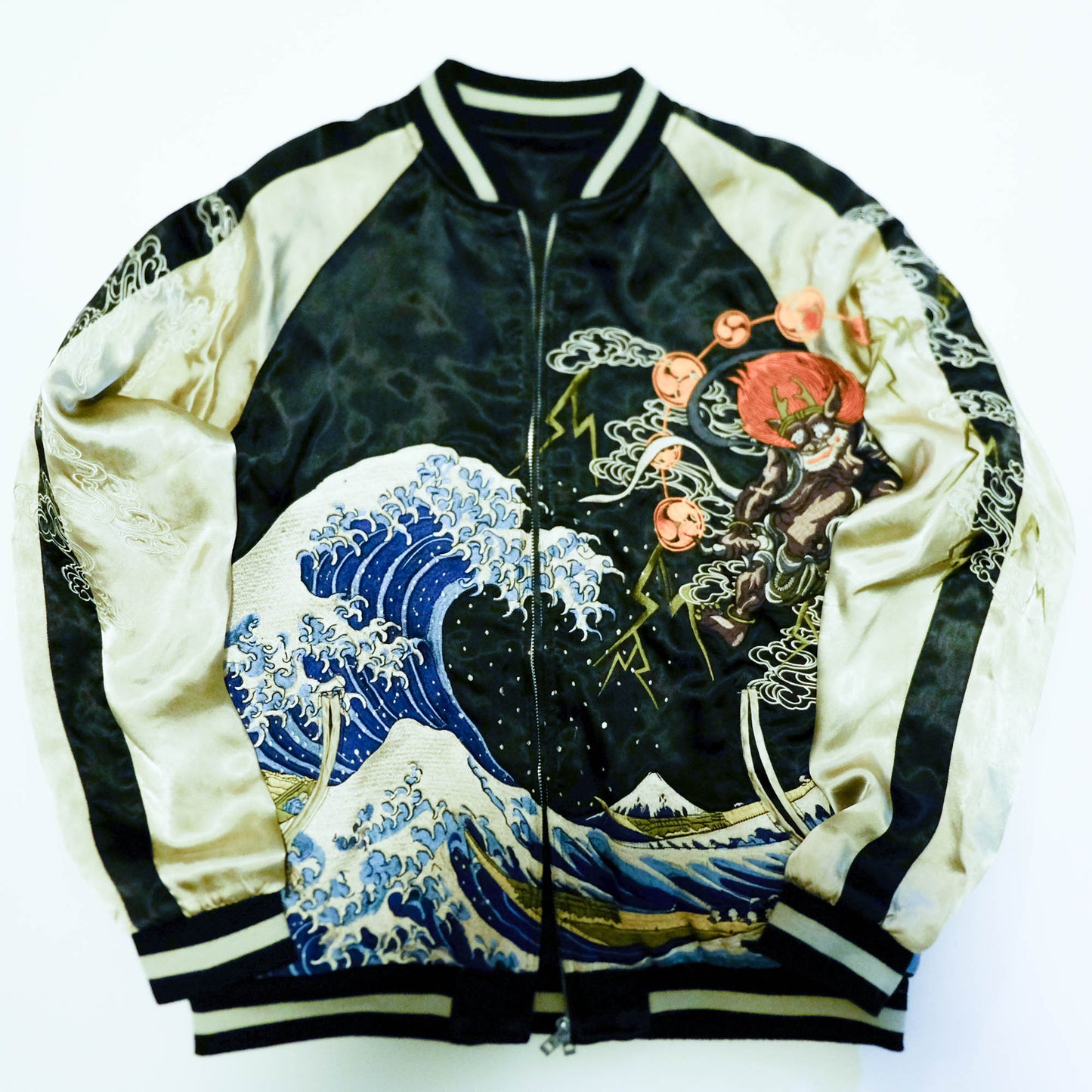 Rare Japanese Oni Wind & Thunder Gods × Great Wave Embroidered Rayon Souvenir Jacket