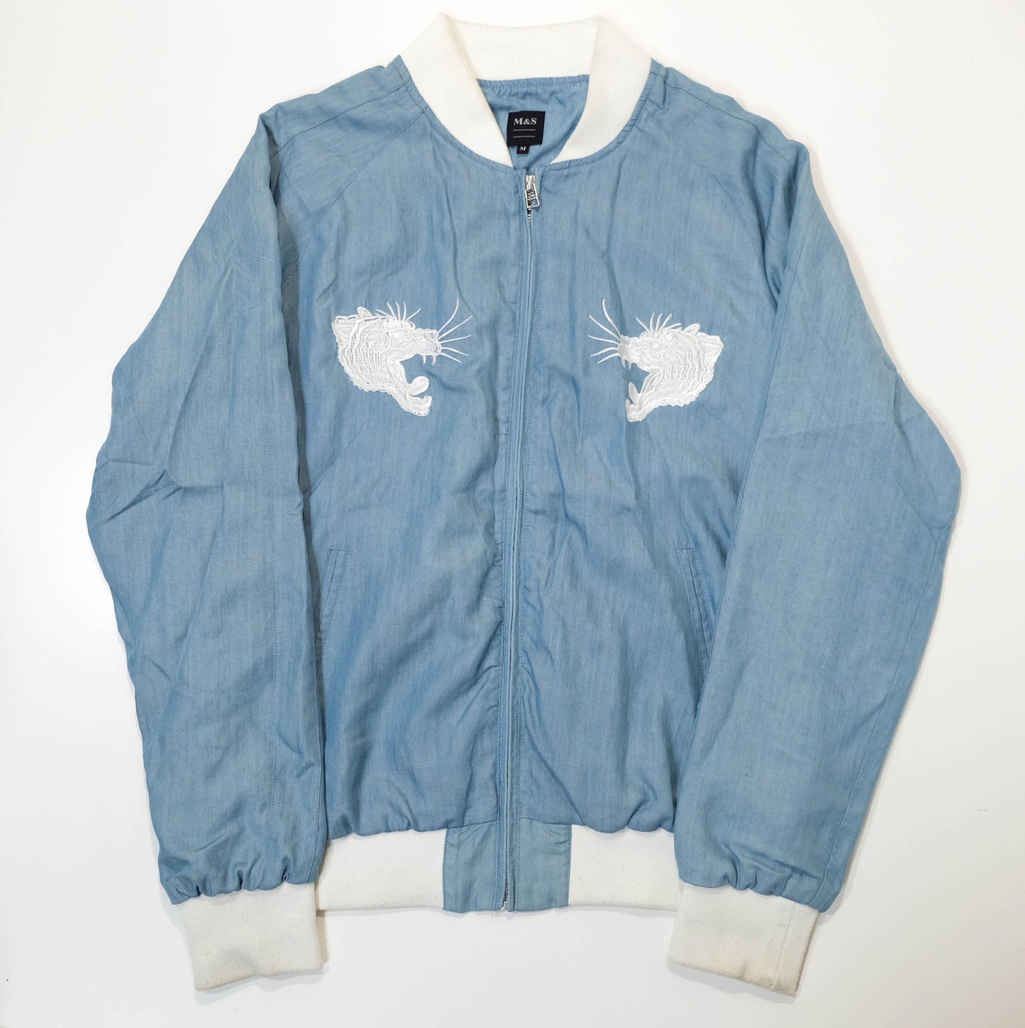 Minimalist Wagara Streetwear Jacket Featuring White Embroidered Tiger Artwork & Classic Japan Souvenir Style