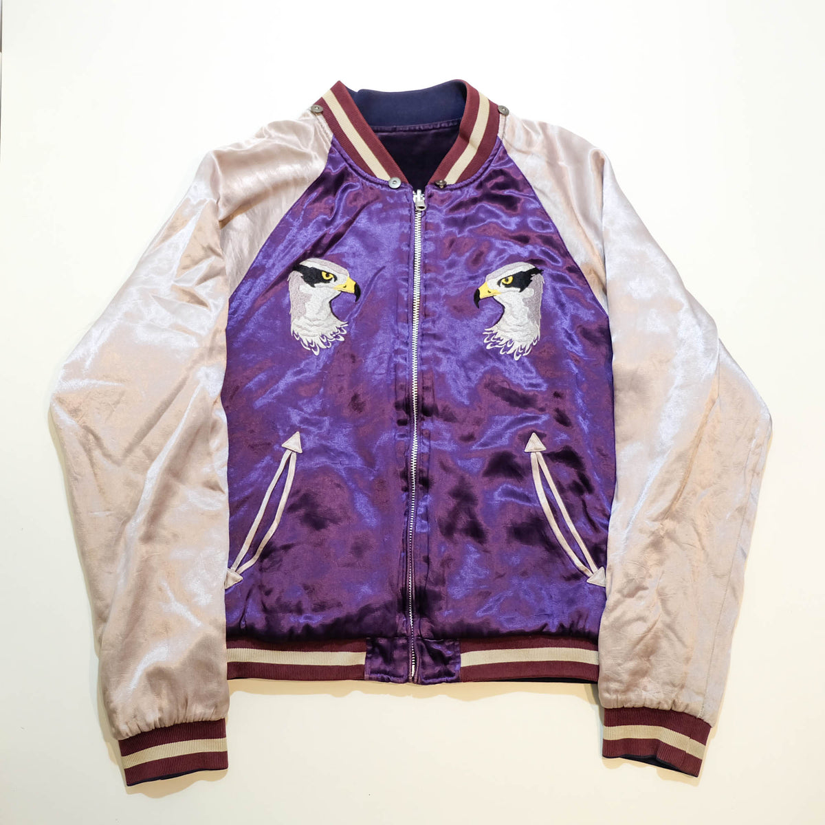 PPFM Peyton’s Place for Men Vintage Velvet Sukajan Jacket | Japanese Hinomaru Eagle Wolf Embroidery Souvenir Bomber Jacket Purple Size M-L