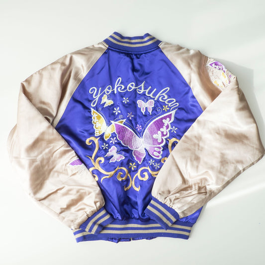 HOSHIHIME Japan Japanese Butterfly Chocho Blue Flowers Floral Flower Embroidery Embroidered Satin Souvenir Sukajan Bomber Jacket ( Size : M )