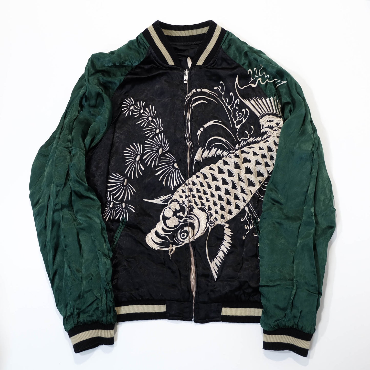 Traditional Japanese Koi Fish Wagara Embroidery Jacket Featuring Dynamic Water Motif & Vintage Yokosuka Style